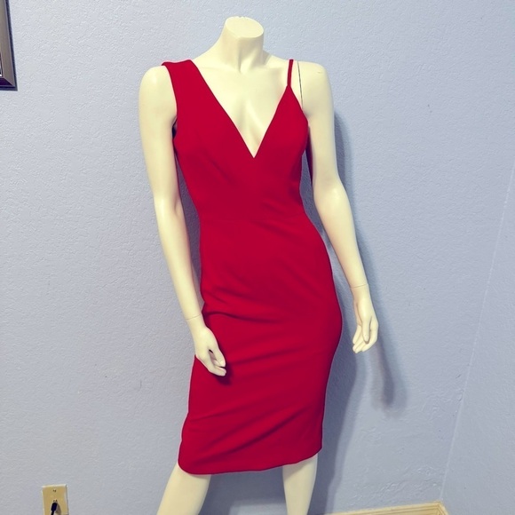 Dress The Population-Erika Asymmetrical V-neck Fitted Rouge/Red Cocktail Dress - Picture 1 of 10